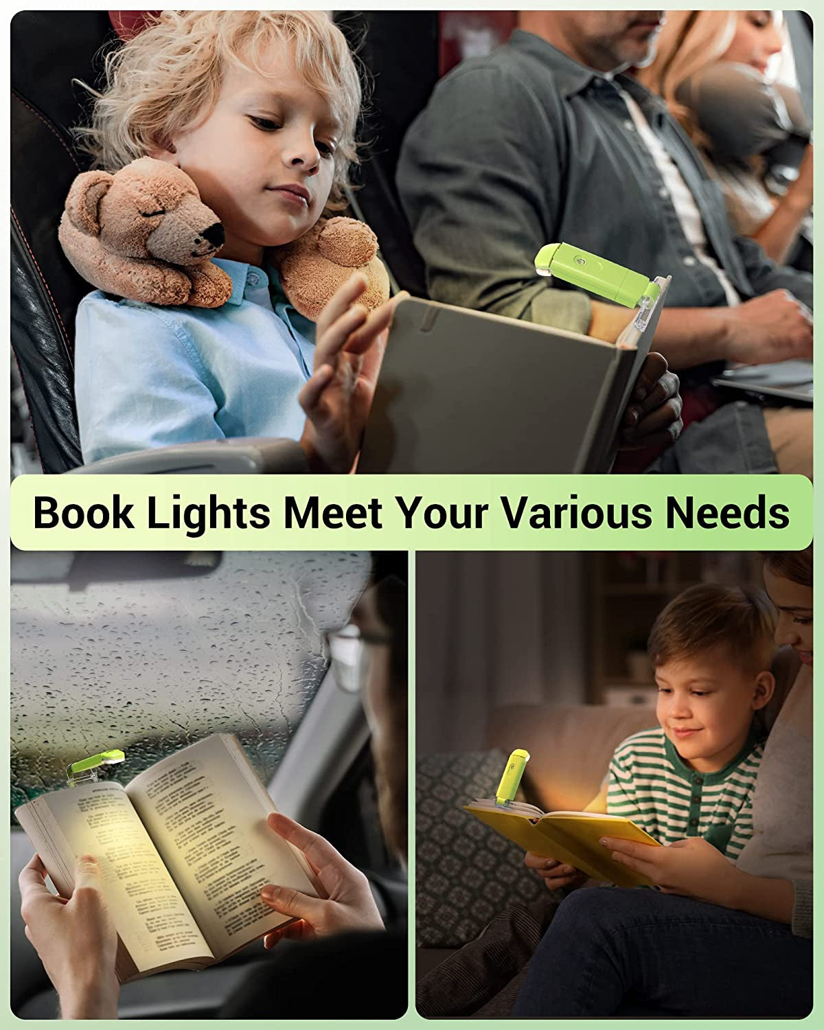 Book Reading Light, Amber Book Light for Reading in Bed, USB Rechargeable, 3 Brightness Levels, Blue Light Blocking, LED Clip-On Reading Light for Kids, Bookworms, Green