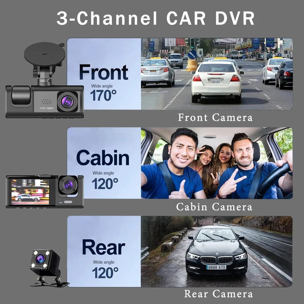 3 Channel Dash Cam Video Recorder Three Lens Car Camera with Rear View DVR 24H Parking Monitor Black Box