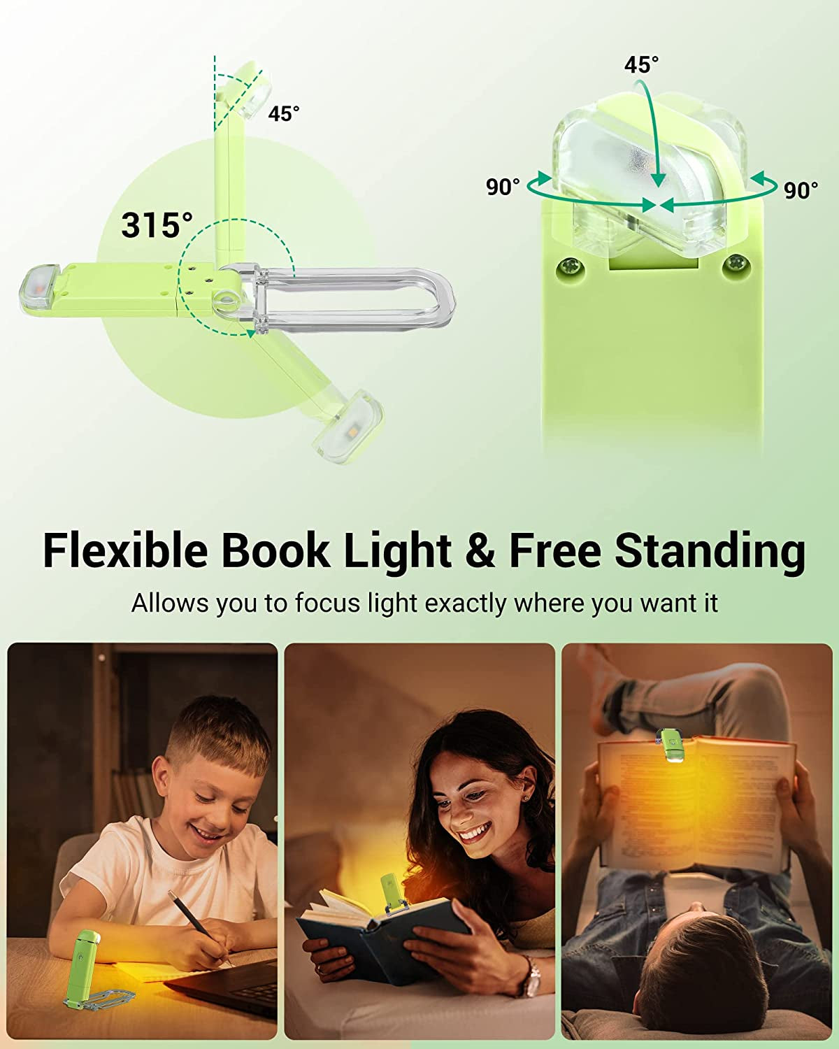 Book Reading Light, Amber Book Light for Reading in Bed, USB Rechargeable, 3 Brightness Levels, Blue Light Blocking, LED Clip-On Reading Light for Kids, Bookworms, Green