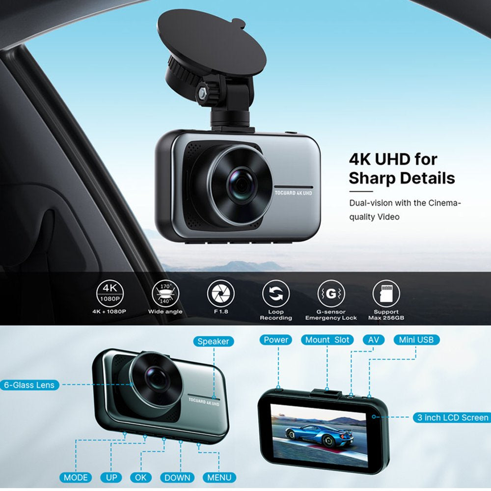 4K Dash Cam Front and Rear Dual Dash Camera 3-Inch LCD WDR Car Camera with Parking Monitor, Loop Recording, G-Sensor Function, Motion Detection, Built-In Battery