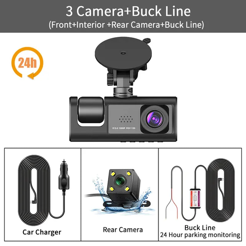 3 Channel Dash Cam Video Recorder Three Lens Car Camera with Rear View DVR 24H Parking Monitor Black Box