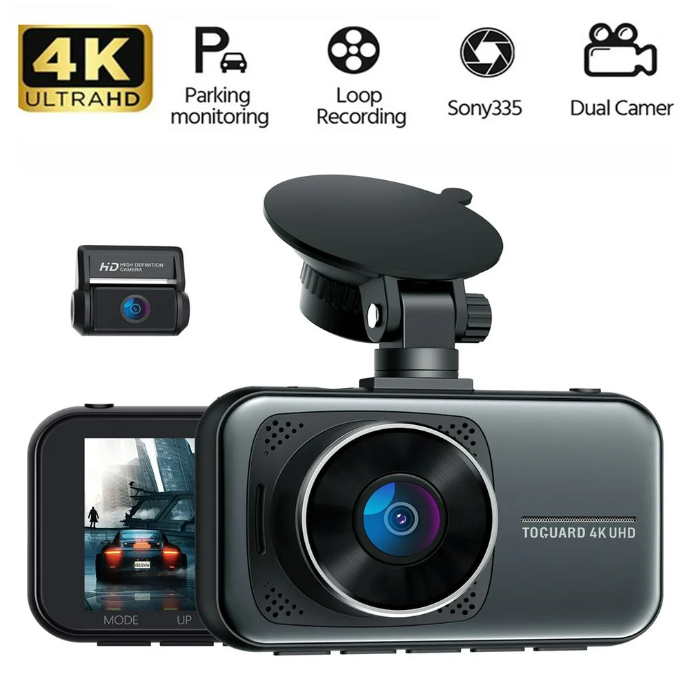 4K Dash Cam Front and Rear Dual Dash Camera 3-Inch LCD WDR Car Camera with Parking Monitor, Loop Recording, G-Sensor Function, Motion Detection, Built-In Battery